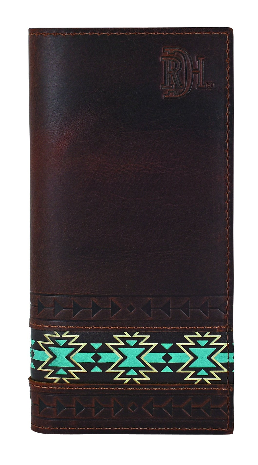 Pard's Western Shop Red Dirt Hat Co Oiled Chestnut Brown Rodeo Wallet with Embossed Turquoise Southwestern Design