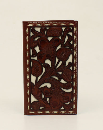 Pard's Western Shop Nocona Brown Floral Tooled Overlay Rodeo Wallet with Ivory Underlay