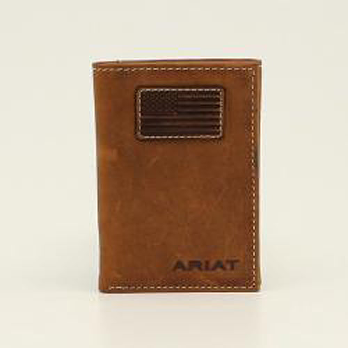 Pard's Western Shop Ariat Medium Brown Trifold Wallet with USA Flag Patch