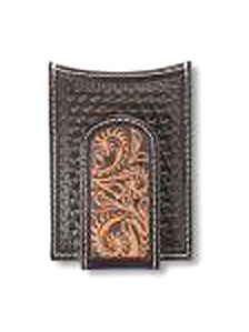 Pard's Western Shop Ariat Brown Basket Weave Card Case with Floral Embossed Money Clip