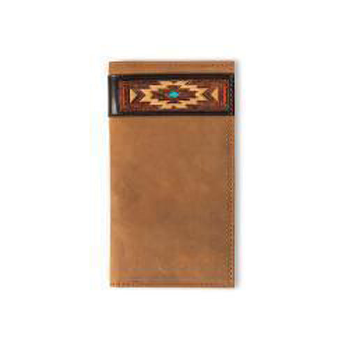 Pard's Western Shop Ariat Aged Bark Rodeo Wallet with Red/Turquoise Southwest Overlay
