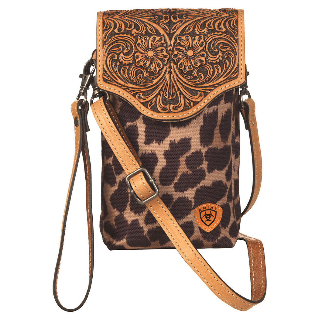 Pard's Western Shop Ariat Leopard Print Crossbody Cell Case with Tooled Leather Flap