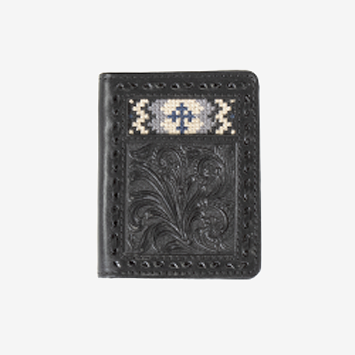 Pard's Western Shop 3D Black Floral Embossed Bifold Wallet with Embroidered Cross Inlay