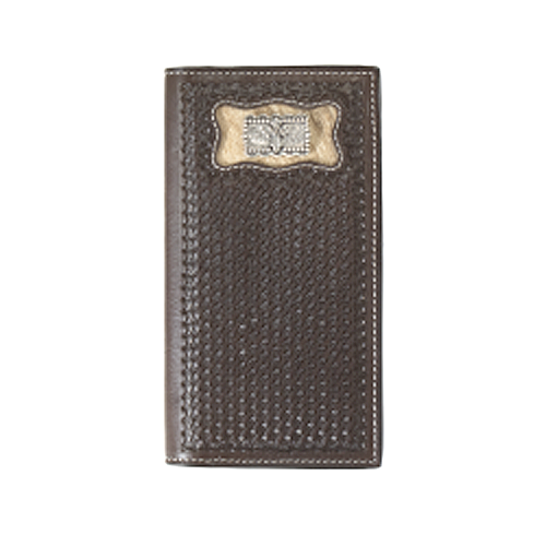 3D Brown Basket Weave Tooled Rodeo Wallet with Calf Hair Inlay & Cross Concho