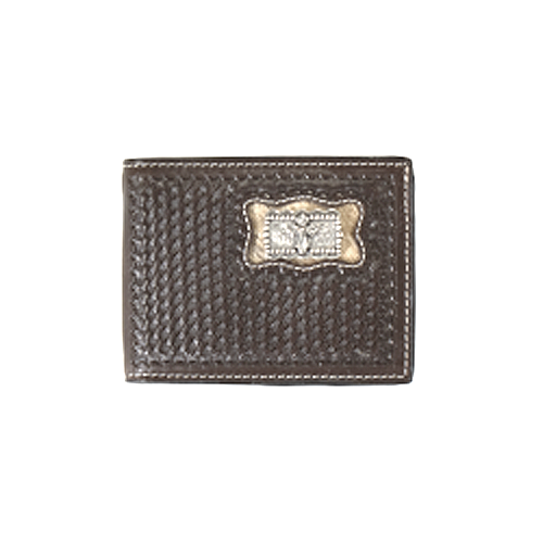 Pard's Western Shop 3D Brown Basket Weave Tooled Bifold Wallet with Calf Hair Inlay & Cross Concho