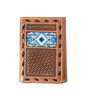 Pard's Western Shop 3D Brown Basket Weave Trifold Wallet with Embroidered Blue Southwest Design Inlay