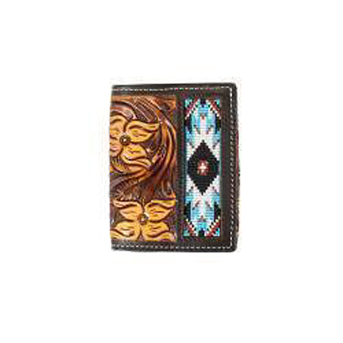 Pard's Western Shop 3D Brown Floral Tooled Trifold Wallet with Embroidered Southwest Design Inlay
