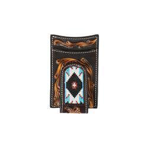 Pard's Western Shop 3D Brown Floral Tooled Money Clip with Embroidered Southwest Inlay