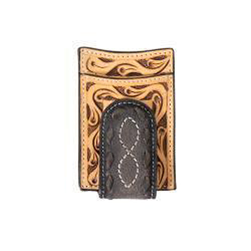 Pard's Western Shop 3D Brown Floral Tooled Money Clip Wallet with Black Roughout Clip