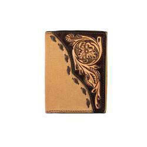 Pard's Western Shop 3D Tan Roughout Trifold Wallet with Chocolate Floral Tooled Overlay