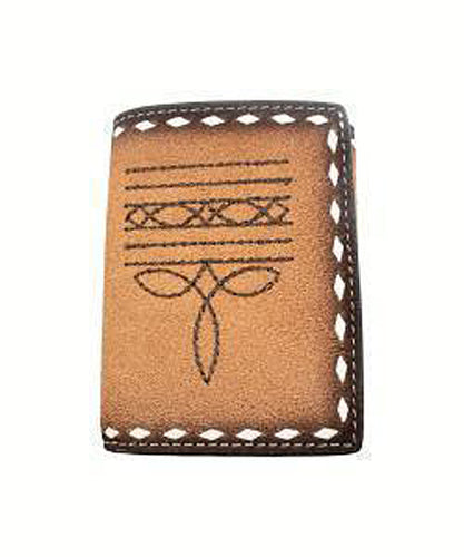 Pard's Western Shop 3D Tan/Brown Rough Out Boot Stitch Trifold Wallet with White Buck Laced Edge