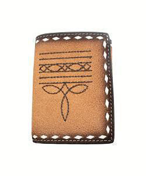 Pard's Western Shop 3D Tan/Brown Rough Out Boot Stitch Trifold Wallet with White Buck Laced Edge