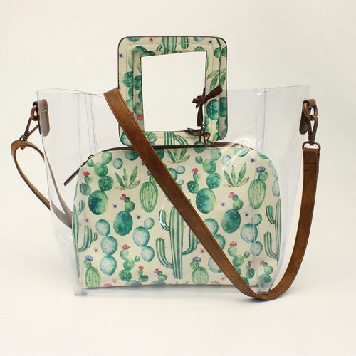 Pard's Western Shop Angel Ranch Clear Crossbody Bag with Green Cactus Background