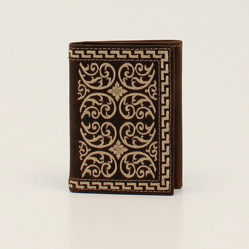 Nocona Brown Trifold Wallet with Cream Embroidered Stitching