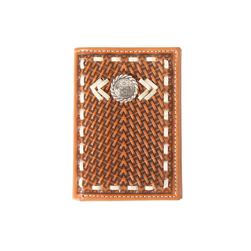 Nocona Tan Basket Weave Trifold Wallet with Rawhide Lacing & Silver Concho