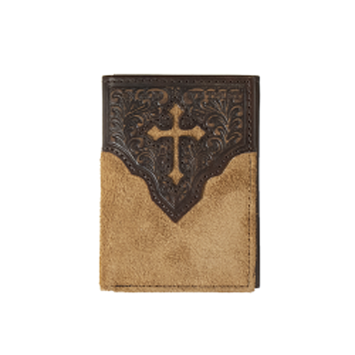 Pard's Western Shop Nocona Tan Trifold Wallet with Brown Floral Embossed Overlay with Cross Center