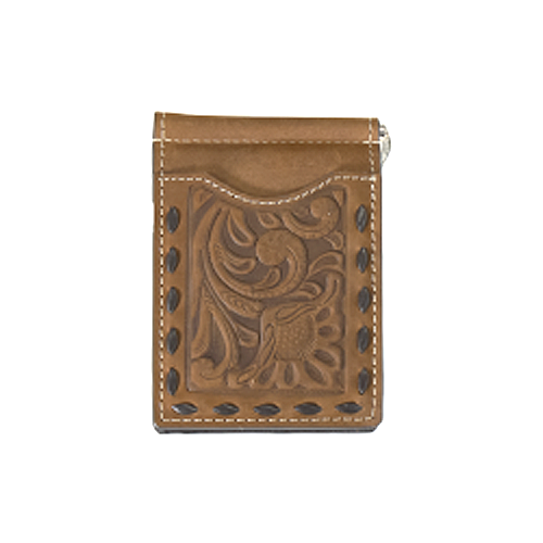 Pard's Western Shop Nocona Brown Floral Embossed Money Clip Wallet with Chocolate Buck Laced Edges