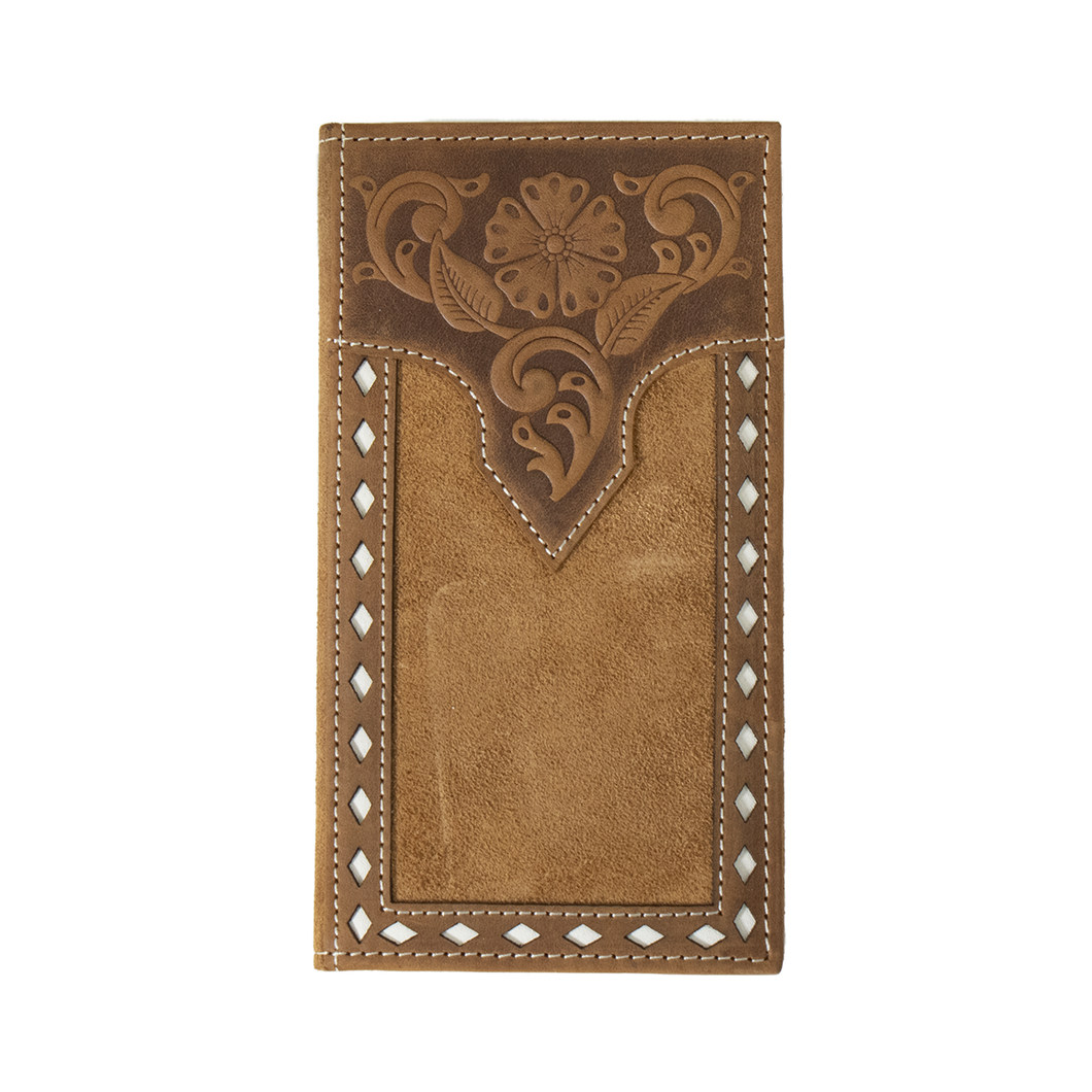 Pard's Western Shop Nocona Tan Roughout Rodeo Wallet with Floral Tooled Tab & White Buck Lacing