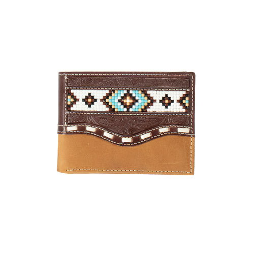 Pard's Western Shop Nocona Brown/Tan Bifold Wallet with Beaded Inlay and White Buck Lacing