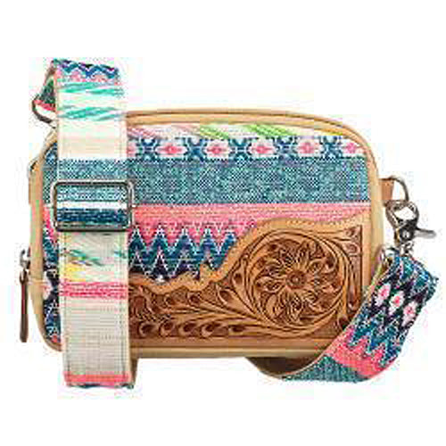 Multi Colored Floral Felicity Belt Bag with Tooled Leather Panel