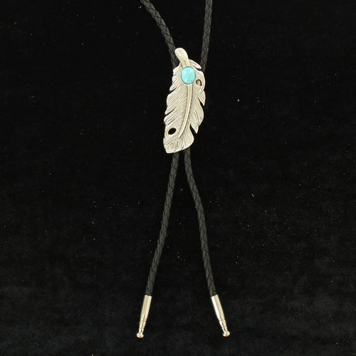 Pard's Western Shop Double S Silver Colored Feather Bolo Tie with Turquoise Stone