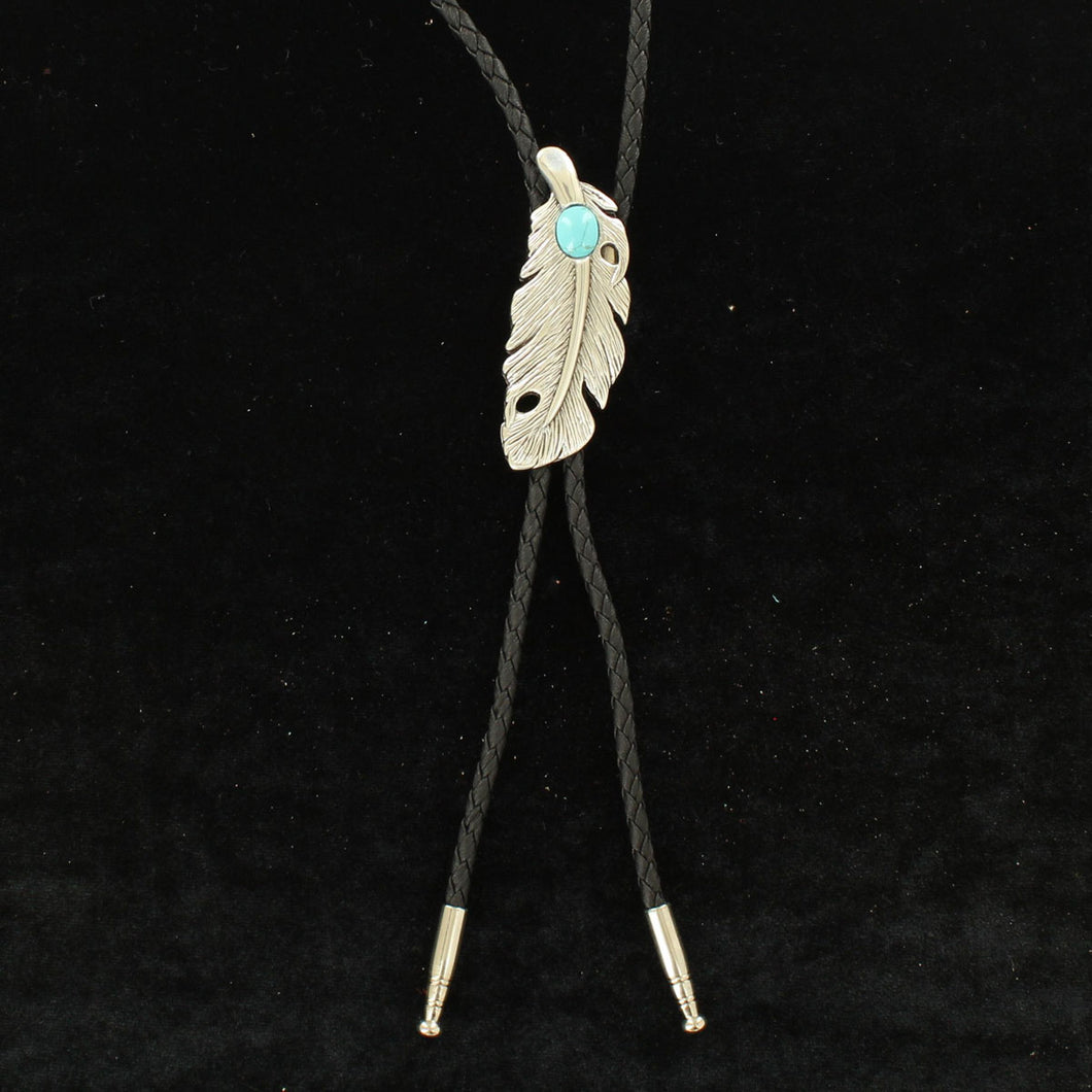 Pard's Western Shop Double S Silver Colored Feather Bolo Tie with Turquoise Stone
