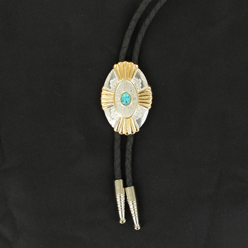 Pard's western Shop Double S Southwestern Silver & Gold Bolo Tie with Turquoise Stone Center