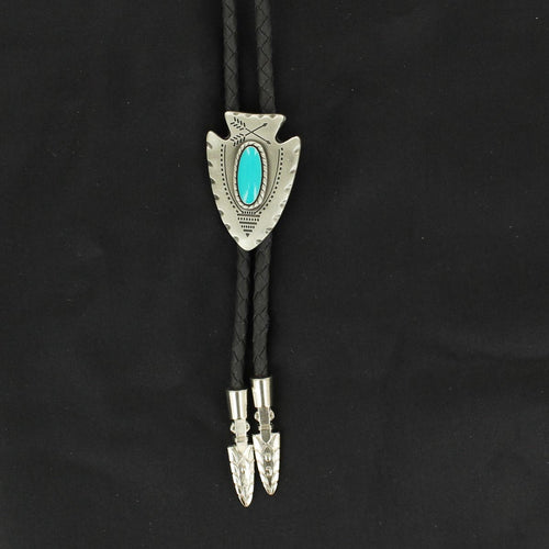 Pard's Western Shop Double S Silver Arrowhead Bolo Tie with Turquoise Stone