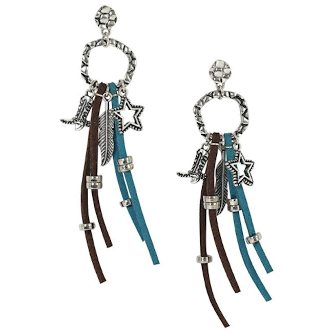 Pard's Western shop Justin Brown/Turquoise Suede Fringe Earrings with Silver Western Charms