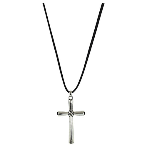 Justin Men's Simple Cross Necklace with Black Colored Stones and Leather Cord