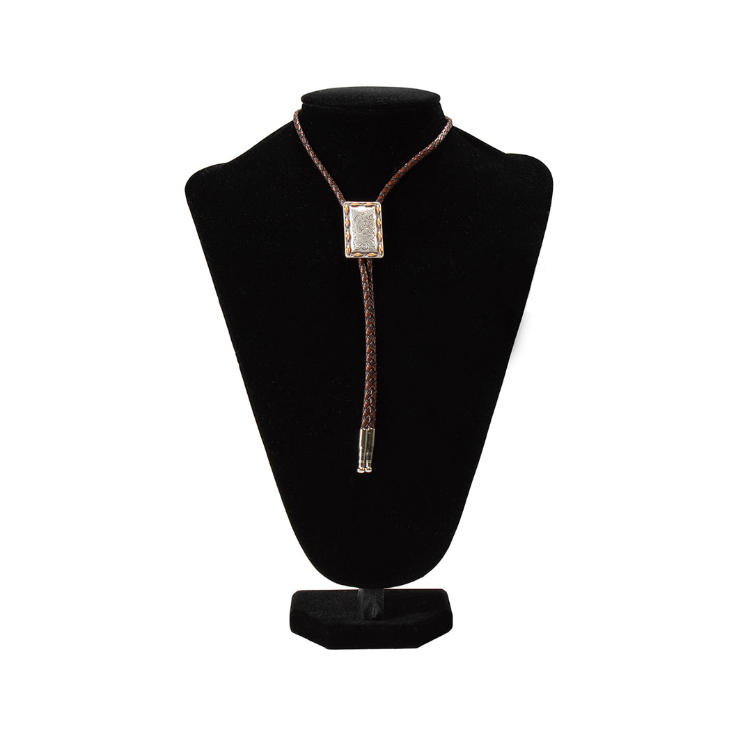 Pard's Western Shop Double S Floral Engraved Rectangle Bolo Tie with Copper Metal Buck Lace