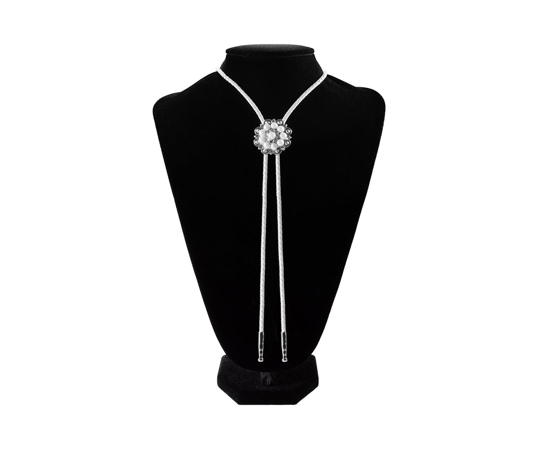 Pard's Western Shop Double S Antique Silver Concho Bolo Tie with Pearl & Clear Crystal Inlays