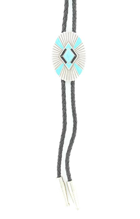 Pard's Western Shop Double S Southwestern Silver/Black/Turquoise Bolo Tie with Turquoise Stone Center