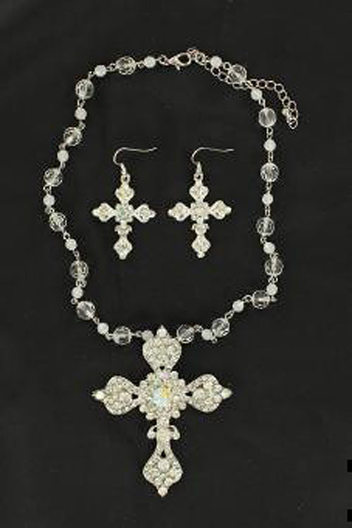 Pard's Western Shop Blazin Roxx Rhinestone Cross Pendant Necklace & Earring Set