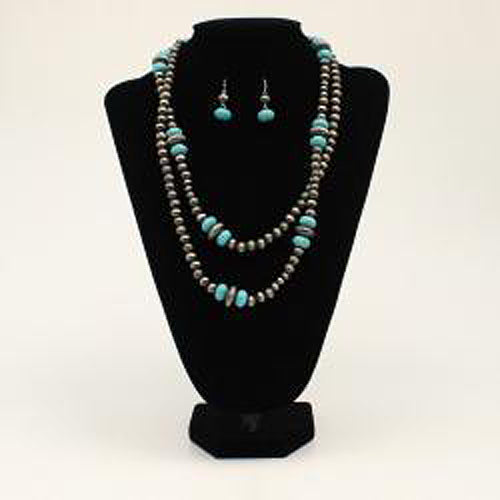 Pard's Western Shop Blazin Roxx Double Strand Silver & Turquoise Beads Necklace & Earring Set