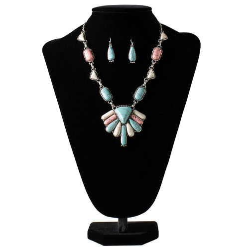 Pard's Western Shop Blazin Roxx Pink/White/Turquoise Stones Necklace & Earrings Set
