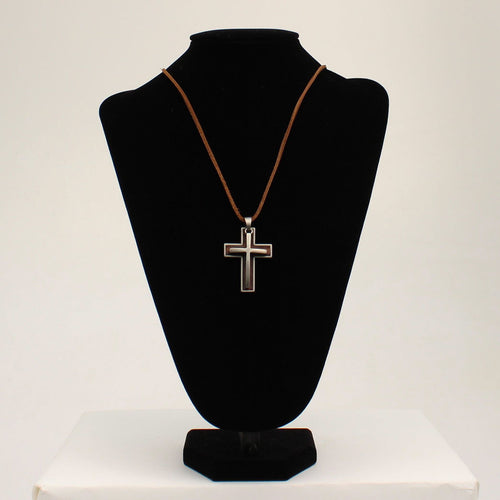 Twister Men's Stainless Steel Double Cross Necklace with Leather Inlay