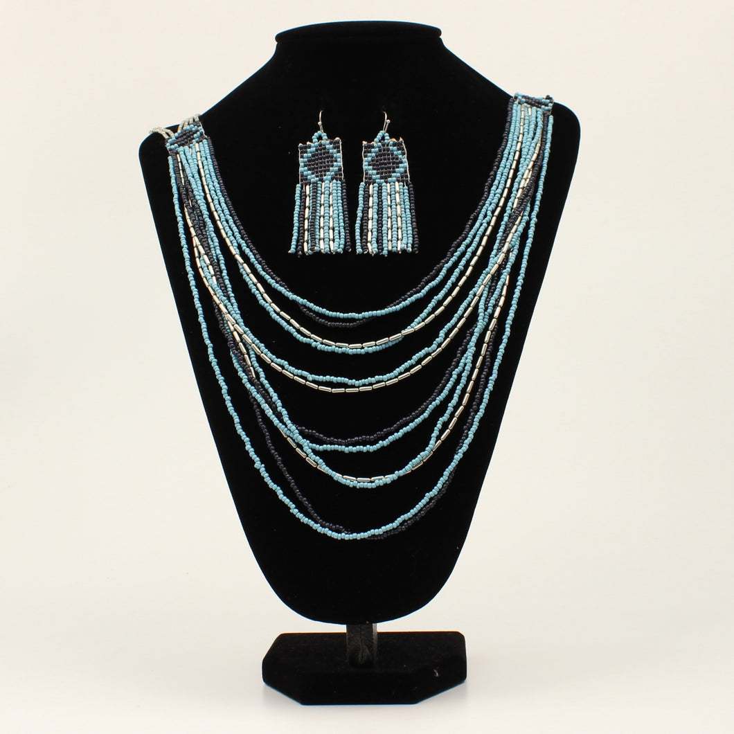 Silver Strike Light Blue, White and Navy Layered Beaded Necklace & Earring Set