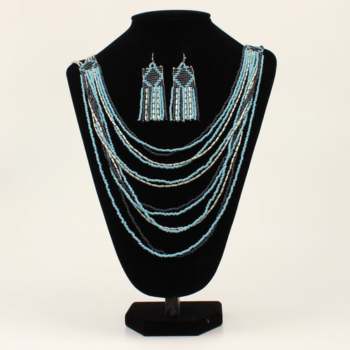 Pard's Western Shop Silver Strike Light Blue/White/Navy Layered Beads Necklace & Earring Set