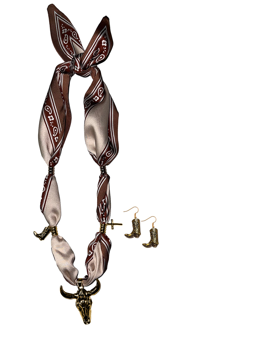 Pard's Western Shop Silver Strike Brown Satin Scarf with Charms and Earrings