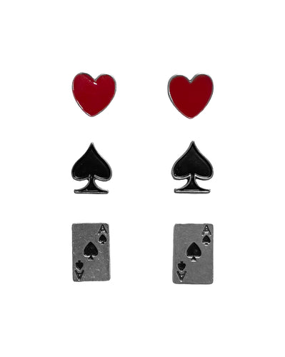 Pard's Western Shop Silver Strike 3 Pair Post Multi Color Card Suit Earring Set - Heart, Spade and Ace Cards