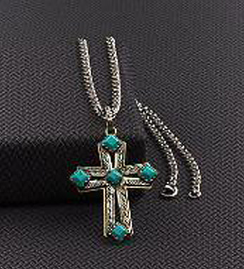 Pard's Western Shop Silver Strike Men's Cross Necklace with Turquoise Stones