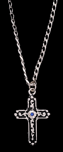 Men's Silver/Black Cross Necklace with Blue Crystal Accent