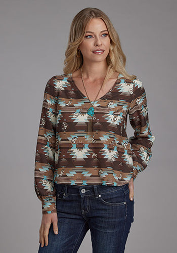 Pard's Western Shop Roper Apparel Women's Brown/Turquoise Aztec Rayon V-Neck Top