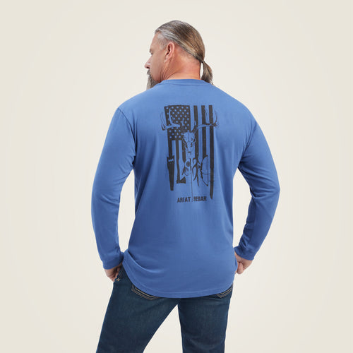 Pard's Western Shop Men's Ariat Blue Deer Skull Over American Flag Rebar Long Sleeve T-Shirt