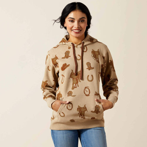 Pard's Western Shop  Ariat Women's Tan Saddles & Boots Western Print 2.0 Logo Hoodie