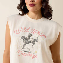 Ariat Women's Sea Salt "Wild West Cowboys" Cropped Sleeveless T-Shirt with Bucking Horse Graphics