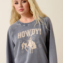 Ariat Women's Blue Mineral Wash "Howdy" Vintage Raglan Sweatshirt with Cowboy Bronc Rider Graphics