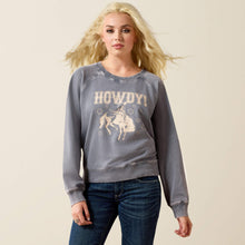 Pard's Western Shop Ariat Women's Blue Mineral Wash "Howdy" Vintage Raglan Sweatshirt with Cowboy Bronc Rider Graphics