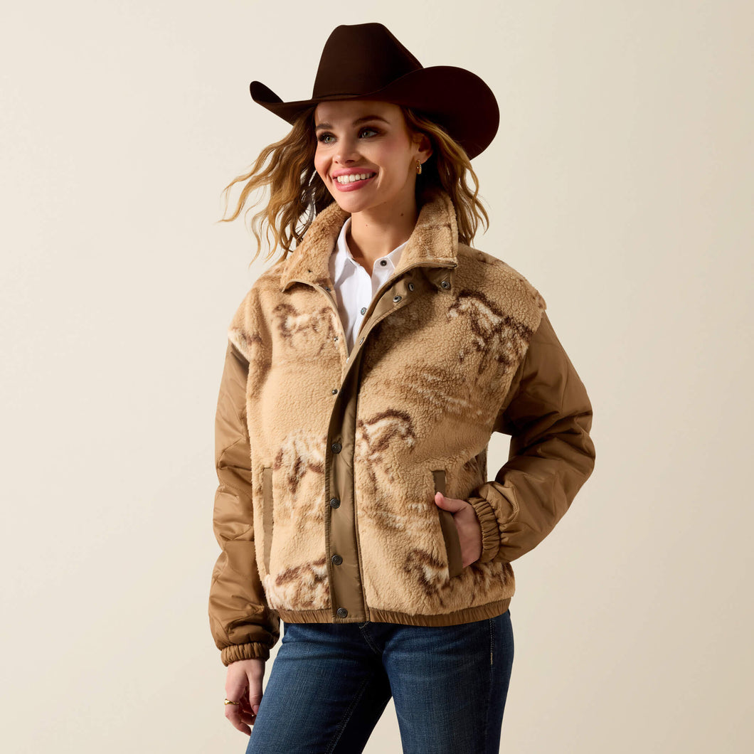 Pard's Western Shop Ariat Women's Tan Wild Horses Print Sherpa Jacket
